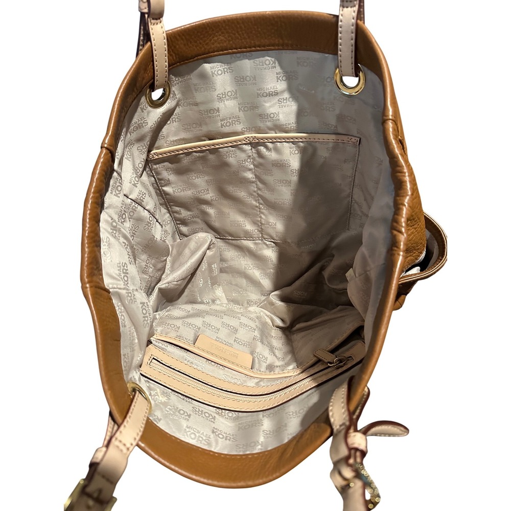 Michael Kors Bedford Brown‎ Pebbled Leather Tote Bag Gold Hardware MK Logo - Picture 3 of 7